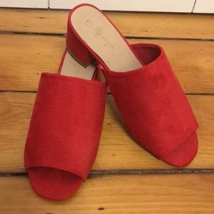 Red Faux Suede Open Toed Heels Sandals